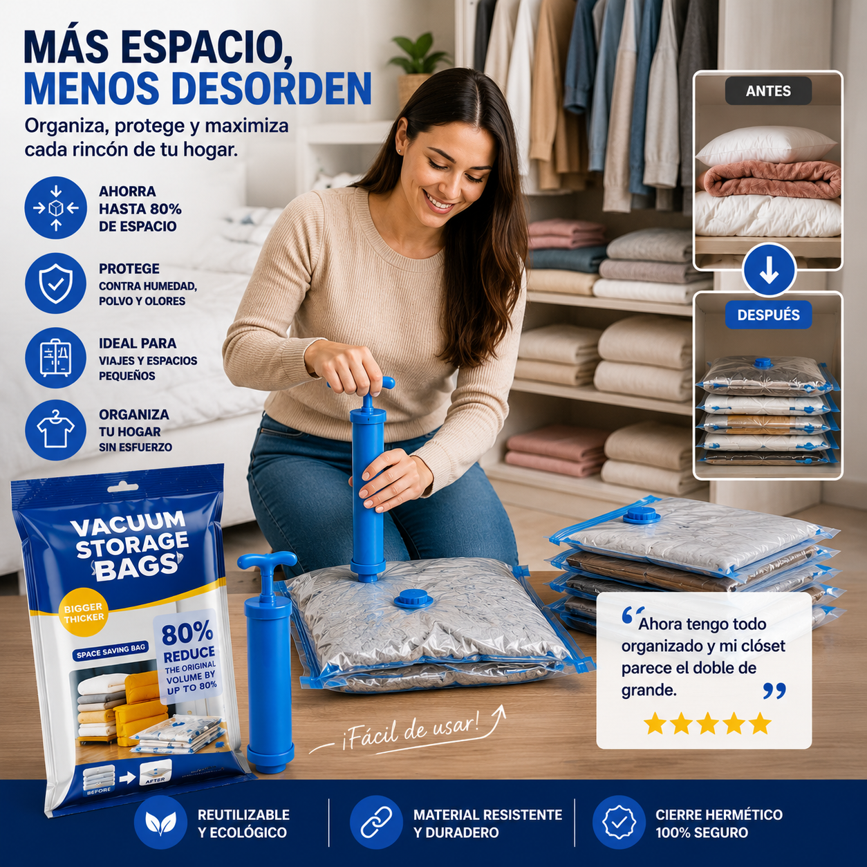 BOLSAS DE EMPAQUE AL VACIO + 1 BOMBA - Ahorra hasta 80% más espacio