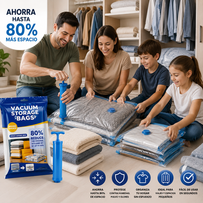 BOLSAS DE EMPAQUE AL VACIO + 1 BOMBA - Ahorra hasta 80% más espacio